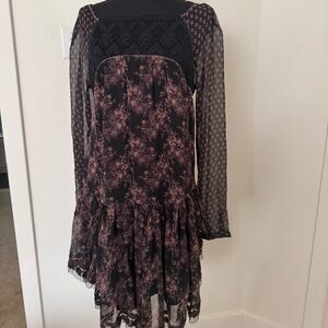 Free People Sheer Floral Boho Mini Dress with Lace Detail